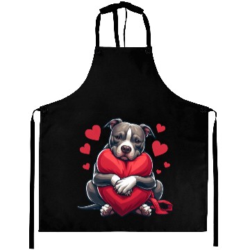 Discover Cute Pitbull Holding a Heart Cartoon Aprons