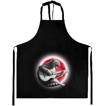 Discover Rock Cat Playing Guitar Aprons under the red moon
