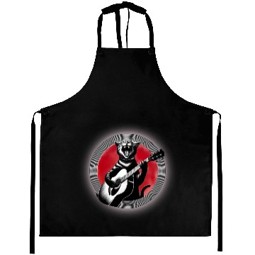 Discover Rock Cat Playing Guitar Aprons under the red moon