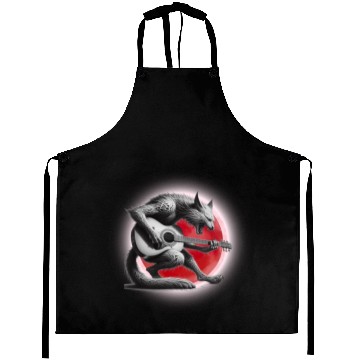 Discover Rock Cat Playing Guitar Aprons under the red moon