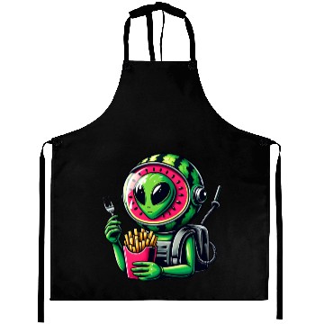 Discover Alien with watermelon helmet eats fries Aprons