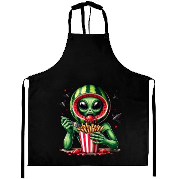 Discover Alien with watermelon helmet eats fries Aprons