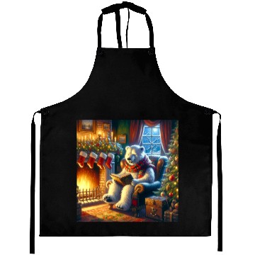 Discover Winter Tales-Merry Cozy Bear Reading by Fireplace Aprons