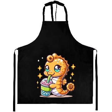 Discover Kawaii Sea Horse Enjoys Bubble Tea Sea Animal Boba Aprons