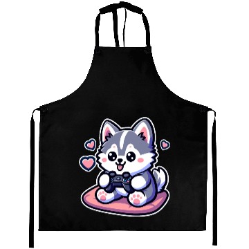 Discover Cute Husky Dog Sitting and Enjoy Play ConsoleGame Aprons