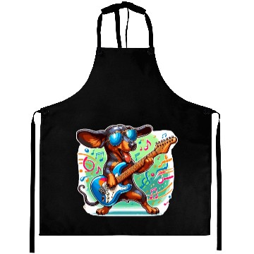 Discover Cute Dachshund playing E-Guitar Aprons