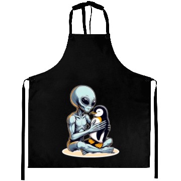 Discover Alien Embracing Penguin Aprons