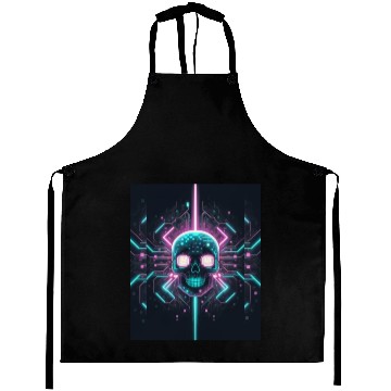 Discover Retro neon cyberpunk pixelated skull Aprons