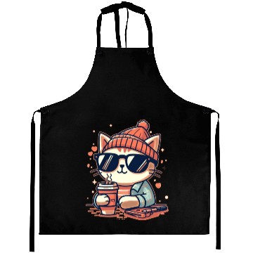 Discover Cat wearing sunglasses drink coffee stickers Aprons