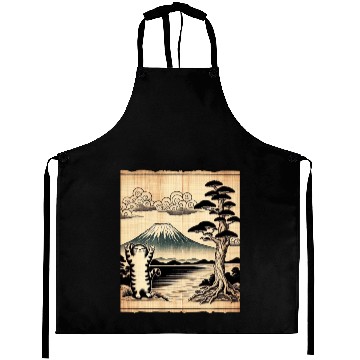 Discover Mt. Fuji Kitten Papyrus Scroll Retro Japanese Art Aprons