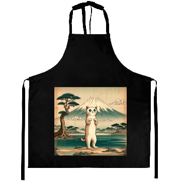 Discover Mt. Fuji Kitten Papyrus Scroll Retro Japanese Art Aprons