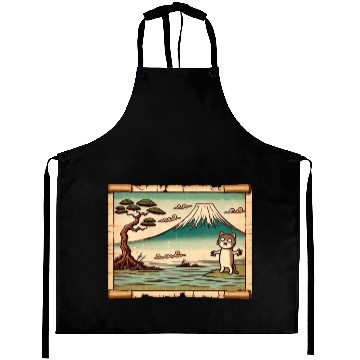 Discover Mt. Fuji Kitten Papyrus Scroll Retro Japanese Art Aprons