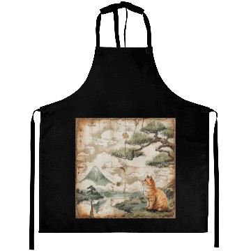 Discover Mt. Fuji Kitten Papyrus Scroll Retro Japanese Art Aprons