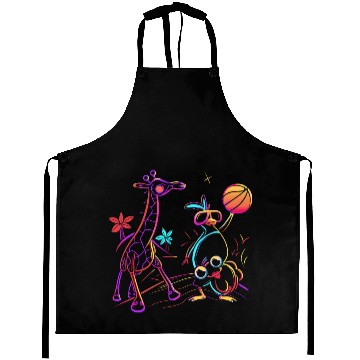 Discover Neon Showdown: Giraffe & Bird's Basketball Duel Aprons