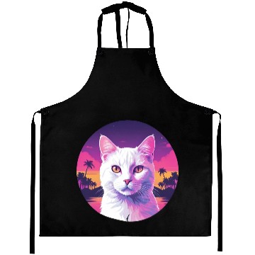 Discover Synthwave White Cat 2 Aprons
