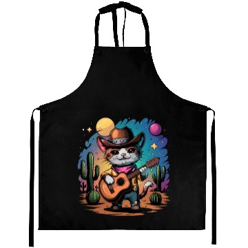 Discover funny cowboy cat with guitar Aprons
