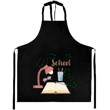 Discover School print with plants open book and eyeglasses Aprons