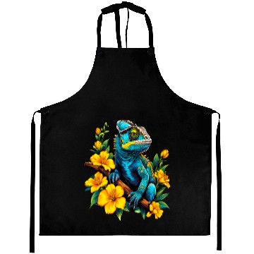 Discover Chameleon on a Branch Surrounded by Flowers Aprons