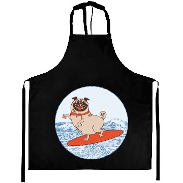 Discover Waves riding pug puppy on surfboard Aprons