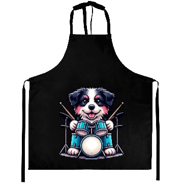 Discover Cool Border Collie Drummer Puppy Design Aprons