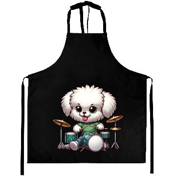 Discover Cool Bolonka Puppy Drummer Design Aprons