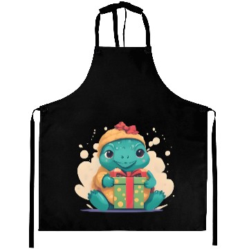 Discover Cute Little Green Turtle Holding a Gift Aprons
