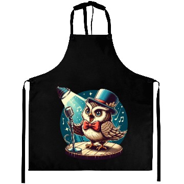 Discover Cute Owl With A Hat Singing Karaoke Aprons
