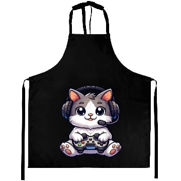 Discover Cute Gaming Cat Playing Console Video Game Aprons