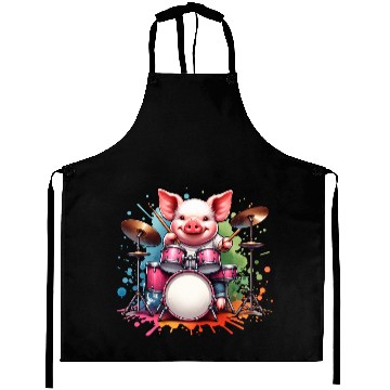 Discover Watercolor Pig Drummer Farm Design Aprons