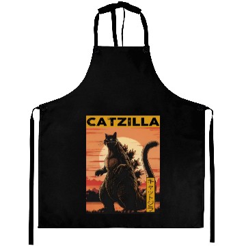 Discover Catzilla Vintage Funny Cute Cat Art Japanese Sunse Aprons
