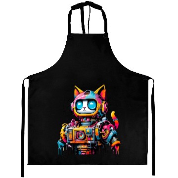 Discover Cat designed as a robot in comic graffiti style Aprons