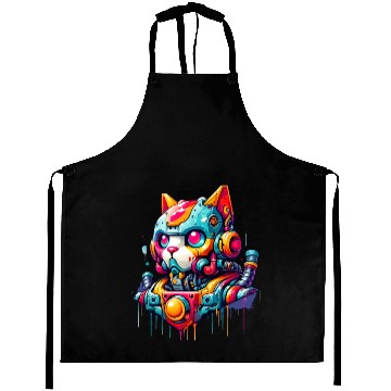 Discover Cat designed as a robot in comic graffiti style Aprons