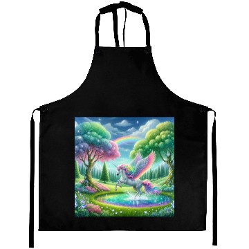 Discover Enchanted Rainbow Unicorn Over Sparkling Pond Aprons