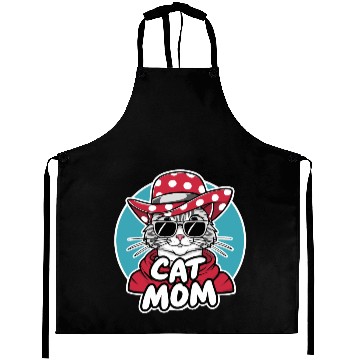 Discover Cat Mom Funny cat with sunglasses, hat and clothes Aprons