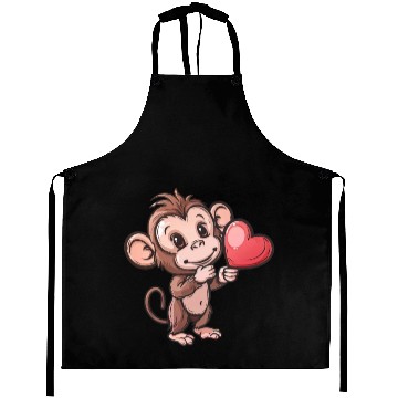 Discover Cute Monkey Holding Heart Illustration Aprons