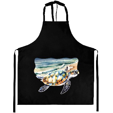 Discover Sea Turtle at the Beach in Watercolor Aprons