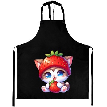Discover Cat with strawberry hat cute fruity quirky Aprons