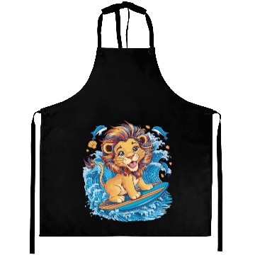 Discover Cute Surfing Lion Riding the Waves Aprons