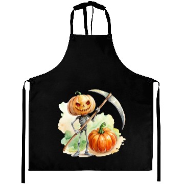 Discover Pumpkin headed skeleton wielding a menacing scythe Aprons