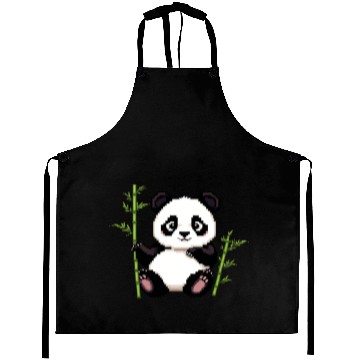 Discover A pixel art of a panda with a bamboo leaf Aprons