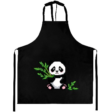 Discover A pixel art of a panda with a bamboo leaf Aprons