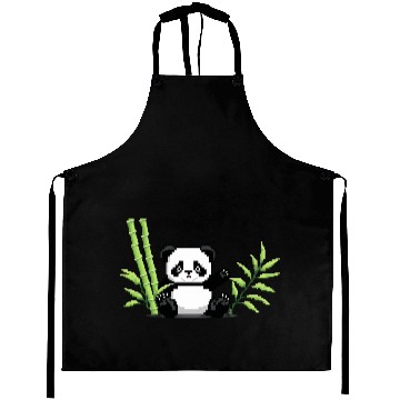 Discover A pixel art of a panda with a bamboo leaf Aprons