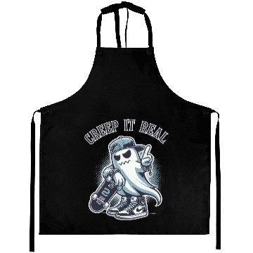 Discover Cool Halloween Ghost with Skateboard Creep It Real Aprons
