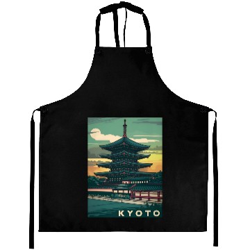 Discover Vintage Travel Kyoto Japan Sunset Retro Graphic Aprons