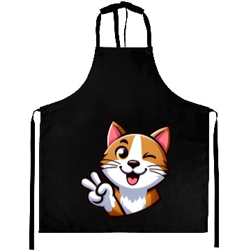 Discover Cheerful Cat Peace Cartoon Design 1 Aprons