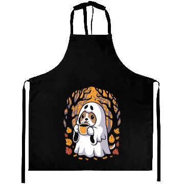 Discover Cute Ghost Dog Sipping Coffee Halloween Aprons