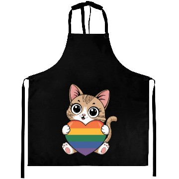 Discover Cute Cat Holding Rainbow Heart LGTBQ Aprons