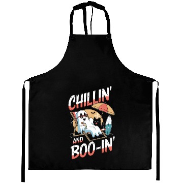 Discover Halloween Ghost and Cat Relaxing Beach Vacation Aprons