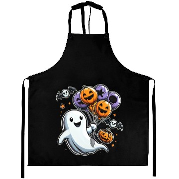 Discover Happy Ghost with Halloween Balloons and Bats Aprons