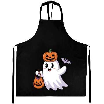 Discover Cute Halloween Ghost with Pumpkin and Bat Aprons